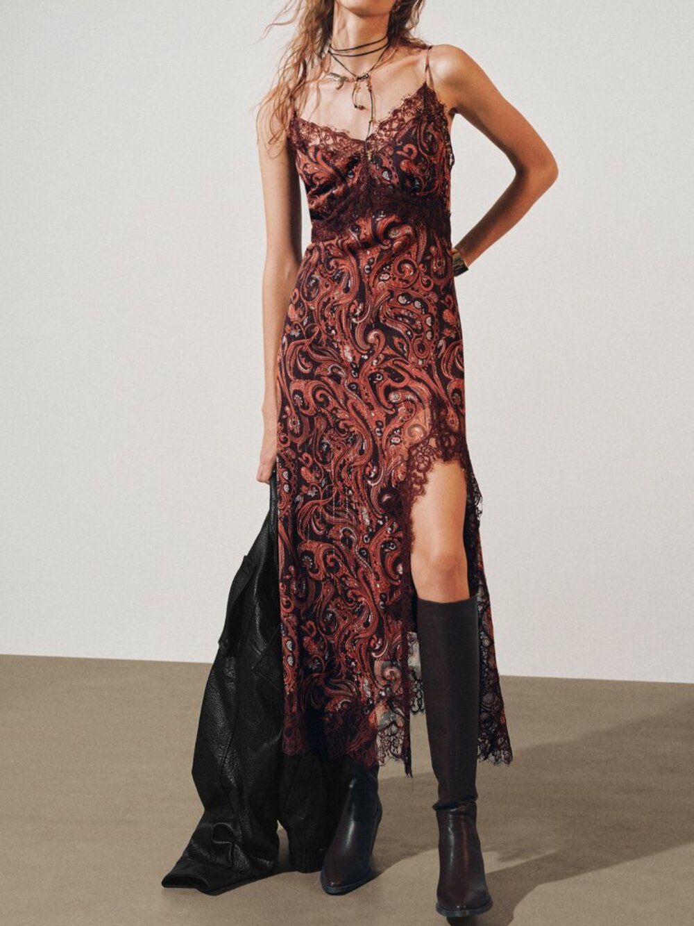 Orange Elegant Women's Contrast Lace Hollow Patchwork Sheer Long Body Slip Dress